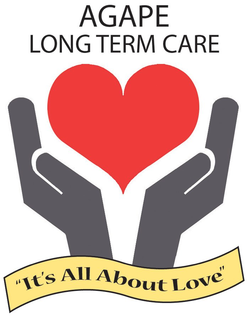 AGAPE LONG TERM CARE, "IT'S ALL ABOUT LOVE!" logo