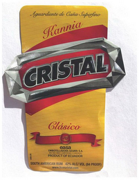 AGUARDIENTE DE CANA SUPERFINO KANNIA CRISTAL CLASICO EASA EMBOTELLADORA AZUAYA S.A. AN ISO 9001 CERTIFIED COMPANY PRODUCT OF ECUADOR SOUTH AMERICAN RUM 42% ALC/VOL (84 PROOF) logo