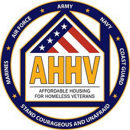 AHHV AFFORDABLE HOUSING FOR HOMELESS VETERANS, ARMY NAVY COAST GUARD AIR FORCE MARINES STAND COURAGEOUS AND UNAFRAID logo