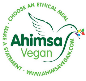 AHIMSA VEGAN CHOOSE AN ETHICAL MEAL MAKE A STATEMENT WWW.AHIMSAVEGAN.COM logo