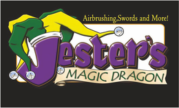 AIRBRUSHING, SWORDS AND MORE! JESTER'S MAGIC DRAGON logo