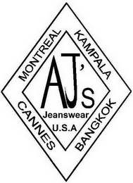 AJ'S JEANSWEAR U.S.A MONTREAL KAMPALA CANNES BANGKOK logo
