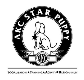 AKC S.T.A.R. PUPPY AMERICAN KENNEL CLUBFOUNDED 1884 AKC SOCIALIZATION TRAINING ACTIVITY RESPONSIBILITY logo