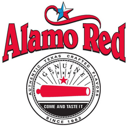 ALAMO RED, AUTHENTIC TEXAS CRAFTED FLAVORS, SINCE 1962, GENUINE TEXAS COME AND TASTE IT logo