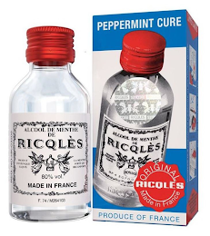 ALCOOL
            DE MENTHE DE RICQLÈS PRODUIT HYGIENIQUE EXQUIS LA MENTHE FORTE QUI RECONFORTE
            80% VOL MADE IN FRANCE F.74/M264103 REG. NO:HK-03206 PEPPERMINT CURE RICQLÈS
            RICQLÈS RICQLÈS ALCOOL DE MENTHE DE RICQLÈS 80% VOL PRODUIT HYGIENIQUE EXQUIS
            BP430700 ORIGINAL RICQLÈS MADE IN FRANCE PRODUCE OF FRANCE logo