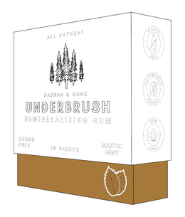 ALL NATURAL NATHAN & SONS UNDERBRUSH REMINERALIZING GUM SUGAR FREE 18 PIECES MASTIC MINT PLASTIC FREE NO SYNTHETIC RUBBERS NON GMO logo