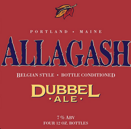 ALLAGASH DUBBEL · ALE · PORTLAND · MAINE BELGIAN STYLE · BOTTLE CONDITIONED 7% ABV FOUR 12 OZ. BOTTLES logo