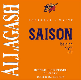 ALLAGASH SAISON PORTLAND · MAINE BELGIAN STYLE ALE BOTTLE CONDITIONED 6.1% ABV FOUR 12 OZ. BOTTLES logo