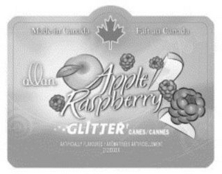 ALLAN APPLE RASPBERRY GLITTER CANES/CANNES MADE IN CANADA FAIT AU CANADA ARTIFICALLY FLAVOURED logo
