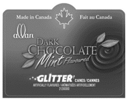 ALLAN DARK CHOCOLATE MINT FLAVOURED GLITTER CANES/CANNES MADE IN CANADA FAIT AU CANADA ARTIFICALLY FLAVOURED logo