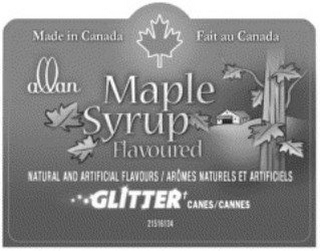 ALLAN MAPLE SYRUP FLAVOURED NATURAL AND ARTIFICIAL FLAVOURS MADE IN CANADA logo