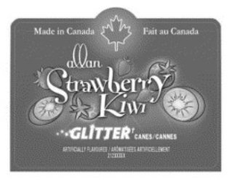 ALLAN STRAWBERRY KIWI GLITTER CANES/CANNES MADE IN CANADA FAIT AU CANADA ARTIFICALLY FLAVOURED logo