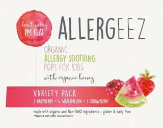 ALLERGEEZ DON'T WORRY I'M FLAT ORGANIC ALLERGY SOOTHING POPS FOR KIDS WITH ORGANIC HONEY VARIETY PACK 3 RASPBERRY 4 WATERMELON 3 STRAWBERRY MADE WITH ORGANIC AND NON-GMO INGREDIENTS · GLUTEN & DAIRY FREE * FLAVORED WITH OTHER NATURAL FLAVORS logo