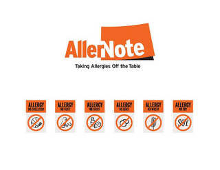 ALLERNOTE TAKING ALLERGIES OFF THE TABLE ALLERGY NO SHELLFISH ALLERGY NO NUTS ALLERGY NO DAIRY ALLERGY NO EGGS ALLERGY NO WHEAT ALLERGY NO SOY logo