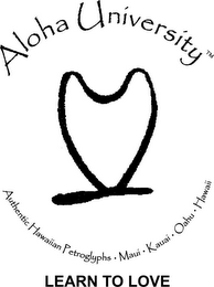 ALOHA UNIVERSITY AUTHENTIC HAWAIIAN PETROGLYPHS · MAUI · KAUAI · OAHU · HAWAII LEARN TO LOVE logo