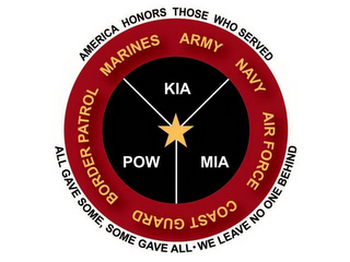 AMERICA HONORS THOSE WHO SERVED ALL GAVE SOME, SOME GAVE ALL · WE LEAVE NO ONE BEHIND MARINES ARMY NAVY AIR FORCE COAST GUARD BORDER PATROL KIA MIA POW logo