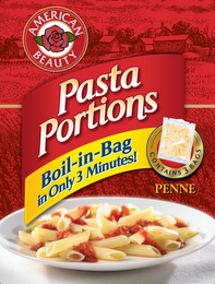 AMERICAN BEAUTY PASTA PORTIONS BOIL-IN-BAG IN ONLY 3 MINUTES! CONTAINS 3 BAGS PENNE logo
