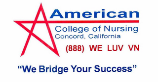 AMERICAN COLLEGE OF NURSING CONCORD, CALIFORNIA (888) WE LUV VN "WE BRIDGE YOUR SUCCESS" logo
