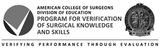 AMERICAN COLLEGE OF SURGEONS DIVISION OF EDUCATION PROGRAM FOR VERIFICATION OF SURGICAL KNOWLEDGE AND SKILLS VERIFYING PERFORMANCE THROUGH EVALUATION logo