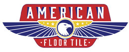 AMERICAN FLOOR TILE WITH WHITE DOTS EITHER SIDE OF THE WORDS FLOOR TILE.