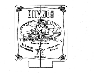 AMERICAN FREEDOM GITANO THE FREEDOM TO MOVE WITH COMFORT COMFORT & QUALITY GUARANTEED MADE IN USA PREMIUM JEANS SINCE 1971 100% COTTON logo