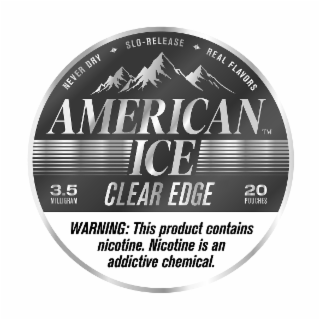 AMERICAN ICE CLEAR EDGE NEVER DRY SLO-RELEASE REAL FLAVORS 3.5 MILLIGRAM 20 POUCHES WARNING: THIS PRODUCT CONTAINS NICOTINE. NICOTINE IS AN ADDICTIVE CHEMICAL. logo