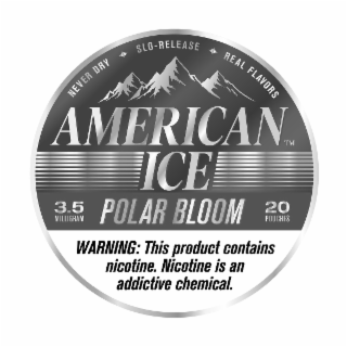 AMERICAN ICE POLAR BLOOM NEVER DRY SLO-RELEASE REAL FLAVORS 3.5 MILLIGRAM 20 PUCHES WARNING: THIS PRODUCT CONTAINS NICOTINE. NICOTINE IS AN ADDICTIVE CHEMICAL. logo