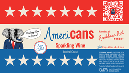 AMERICANS SPARKLING WINE CENTRAL COAST A PRODUCT OF SHOP REPUBLICANRED.COM IT'S HAPPY HOUR IN AMERICA! SERVE CHILLED GOVERNMENT WARNING: [1] ACCORDING TO THE SURGEON GENERAL, WOMEN SHOULD NOT DRINK ALCOHOLIC BEVERAGES DURING PREGNACY BECAUSE OF THE RISK OF BIRTH DEFECTS. [2] CONSUMPTION OF ALCOHOLIC BEVERAGES IMPAIRS YOUR ABILITY TO DRIVE A CAR OR OPERATE MACHINERY, AND MAY CAUSE HEALTH PROBLEMS. PRODUCED AND BOTTLED BY REPUBLICAN RED IN SOLEDAD, CA CA CRV ALC. 13.5% BY VOL. 750ML CONTAINS SULFITES logo