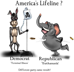 AMERICA'S LIFELINE? DEMOCRAT "TERMINAL ILLNESS" REPUBLICAN "EUTHANASIA" DIFFERENT PARTY, SAME RESULT! logo