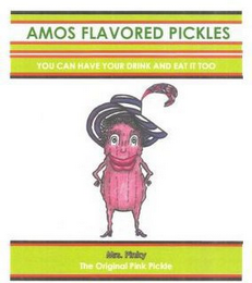 AMOS FLAVORED PICKLES YOU CAN HAVE YOURDRINK AND EAT IT TOO MRS. PINKY THE ORIGINAL PINK PICKLE logo