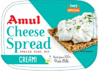 AMUL CHEESE SPREAD SPREAD. BAKE. DIP.  CREAMI MADE FROM 100% PURE MILK SIMPLY DELICIOUS SERVING SUGGESTION logo