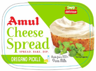 AMUL CHEESE SPREAD SPREAD. BAKE. DIP. OREGANO PICKLE MADE FROM 100% PURE MILK SIMPLY DELICIOUS *SERVING SUGGESTION logo
