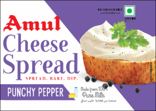 AMUL CHEESE SPREAD SPREAD. BAKE. DIP. PUNCHY PEPPER PROCESSED CHEESE SPREAD VEGETARIAN MADE FROM 100% PURE MILK %100 SERVING SUGGESTION logo