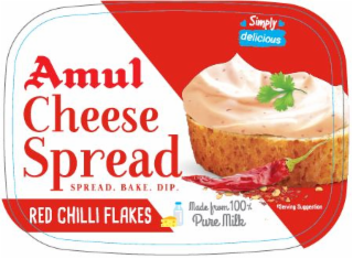 AMUL CHEESE SPREAD SPREAD. BAKE. DIP. RED CHILLI FLAKES MADE FROM 100% PURE MILK SIMPLY DELICIOUS *SERVING SUGGESTION logo