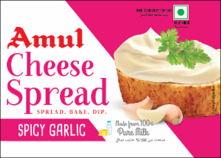 AMUL CHEESE SPREAD SPREAD. BAKE. DIP. SPICY GARLIC PROCESSED CHEESE SPREAD VEGETARIAN MADE FROM 100% PURE MILK %100 SERVING SUGGESTION logo
