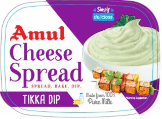 AMUL CHEESE SPREAD SPREAD. BAKE. DIP. TIKKA DIP SIMPLY DELICIOUS MADE FROM 100% PURE MILK *SERVING SUGGESTION logo