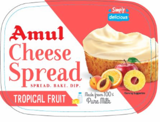 AMUL CHEESE SPREAD TROPICAL FRUIT SPREAD. BAKE. DIP. MADE FROM 100% PURE MILK SIMPLY DELICIOUS SERVING SUGGESTION logo
