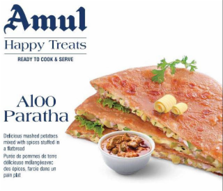 AMUL HAPPY TREATS READY TO COOK & SERVE ALOO PARATHA DELICIOUS MASHED POTATOES MIXED WITH SPICES STUFFED IN A FLATBREAD PURÉE DE POMMES DE TERRE DÉLICIEUSE MÉLANGÉEAVEC DES ÉPICES, FARCIE DANS UN PAIN PLAT logo