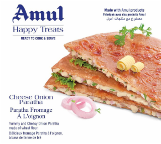 AMUL HAPPY TREATS READY TO COOK & SERVE MADE WITH AMUL PRODUCTS FABRIQUÉ AVEC DES PRODUITS AMUL CHEESE ONION PARATHA PARATHA FROMAGE À L'OIGNON YUMMY AND CHEESY ONION PARATHA MADE OF WHEAT FLOUR DÉLICIEUX FROMAGE PARATHA À L'OIGNON, À BASE DE FARINE DE BLÉ logo