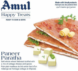 AMUL HAPPY TREATS READY TO COOK & SERVE MADE WITH AMUL PRODUCTS FABRIQUÉ AVEC DES PRODUITS AMUL PANEER PARATHA SOFT WHOLE WHEAT FLATBREAD STUFFED WITH A MIX OF COTTAGE CHEESE AND SPICES PAIN PLAT MOELLEUX DE BLÉ ENTIER FARCI D'UN MÉLANGE DE FROMAGE COTTAGE ET D'ÉPICES logo