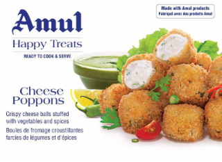AMUL HAPPY TREATS READY TO COOK & SERVE MADE WITH AMUL PRODUCTS FABRIQUÉ AVEC DES PRODUITS AMUL CHEESE POPPONS POISSONS AU FROMAGE CRISPY CHEESE BALLS STUFFED WITH VEGETABLES AND SPICES BOULES DE FROMAGE CROUSTILLANTES FARCIES DE LÉGUMES ET D'ÉPICES logo