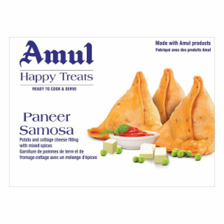 AMUL HAPPY TREATS READY TO COOK & SERVE MADE WITH AMUL PRODUCTS FABRIQUÉ AVEC DES PRODUITS AMUL PANEER SAMOSA POTATO AND COTTAGE CHEESE FILLING WITH MIXED SPICES GARNITURE DE POMMES DE TERRE ET DE FROMAGE COTTAGE AVEC UN MÉLANGE D'ÉPICES logo