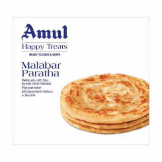 AMUL HAPPY TREATS READY TO COOK & SERVE MALABAR PARATHA DELICIOUSLY SOFT, FLAKY, LAYERED INDIAN FLATBREAD PAIN PLAT INDIEN DELICIEUSEMENT MOELLEUX ET FEUILLETÉ logo