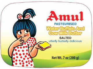 AMUL PASTEURIZED WATER BUFFALO AND COW MILK BUTTER SALTED UTTERLY BUTTERLY DELICIOUS NET WT. 7 OZ (200G) logo