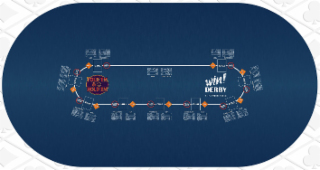 AN OVAL WITH A GOLD EXTERNAL BORDER, A PINK INTERNAL BORDER, AND A PURPLE BACKDROP, WITH THREE LINES OF CENTERED TEXT.  THE FIRST LINE READS "FOLD 'EM" IN RED LETTERS WITH GOLD OUTLINES.  THE SECOND LINE READS "&" FOLLOWED BY A SPADE SIGN.  THE THIRD LINE READS "HOLD 'EM."  THE FIRST AND LAST LETTERS OF THE FIRST AND THIRD LINES PROTRUDE SLIGHTLY FROM THE OVAL. IN ADDITION TO THE TRADEMARK ITSELF, THE TABLE ALSO LAYOUT DEPICTS:  A “FOLD” BOX WHERE PLAYERS PLACE THEIR FOLDED HANDS, BUT WAIT UNTIL THE CONCLUSION OF THE HAND TO SEE IF BONUSES ARE PAID. “UNIQUE TO THIS GAME” ARE TWO BONUS BET AREAS, “TRIPS” & “POCKET BONUS,” WHICH ARE UNIQUE TO A POKER TABLE, BUT CAN BE FOUND ON TABLE GAMES SUCH AS “TEXAS HOLD-EM.”  A PAYOUT SCHEDULE IN DOLLARS FOR A SPECIFIC COMBINATION OF CARDS. logo