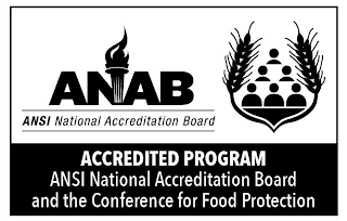 ANAB. ANSI NATIONAL ACCREDITATION BOARD ACCREDITED PROGRAM ANSI NATIONAL ACCREDITATION BOARD AND THE CONFERENCE FOR FOOD PROTECTION logo