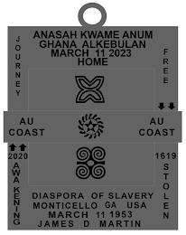ANASAH KWAME ANUM GHANA ALKEBULAN MARCH 11 2023 HOME JOURNEY FREE AU COAST 2020 AWAKENING DIASPORA OF SLAVERY MONTICELLO GA USA MARCH 11 1953 JAMES D MARTIN 1619 STOLEN logo