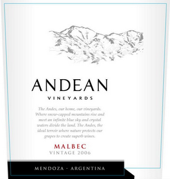 ANDEAN VINEYARDS THE ANDES, OUR HOME, OUR VINEYARDS. WHERE SNOW-CAPPED MOUNTAINS RISE AND MEET AN INFINITE BLUE SKY AND CRYSTAL WATERS DIVIDE THE LAND. THE ANDES, THE IDEAL TERROIR WHERE NATURE PROTECTS OUR GRAPES TO CREATE SUPERB WINES. MALBEC VINTAGE 2006 MENDOZA - ARGENTINA logo