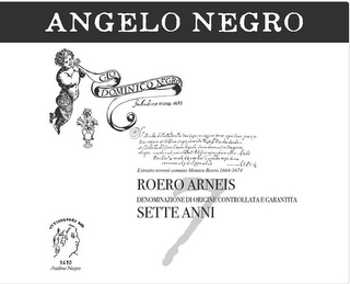 ANGELO NEGRO GIO DOMINICO NEGRO FU AUDINO TIENE 1670 ESTRATTO TERRENI COMUNE MONTEU ROERO 1664-1674 ROERO ARMEIS DENOMINAZIONE DI ORIGINE CONTROLLATA E GARANTITA 7 SETTE ANNI VITICOLTORI DAL 1670 AUDINO NEGRO logo