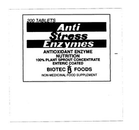 ANTI STRESS ENZYMES ANTIOXIDANT ENZYME NUTRITION 100% PLANT SPROUT CONCENTRATE ENTERIC COATED BIOTEC FOODS NON-MEDICINAL FOOD SUPPLEMENT 200 TABLETS logo